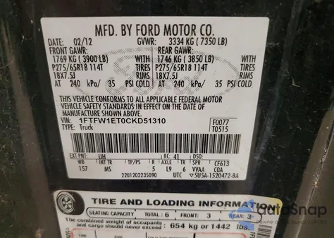 2012 Ford F150 Supercrew z USA, uszkodzony, nr VIN 1FTFW1ET0CKD51310